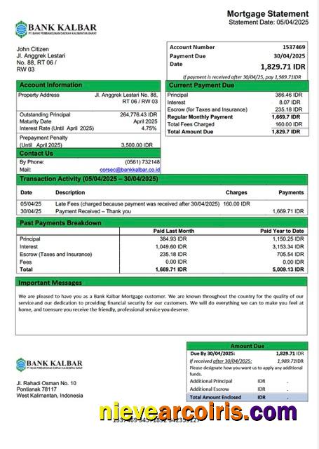 Indonesia Bank Kalbar mortgage statement Word and PDF template